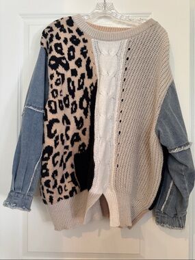 Mixed-Knit Leopard Panel Crewneck Sweater - Beige/Black/White